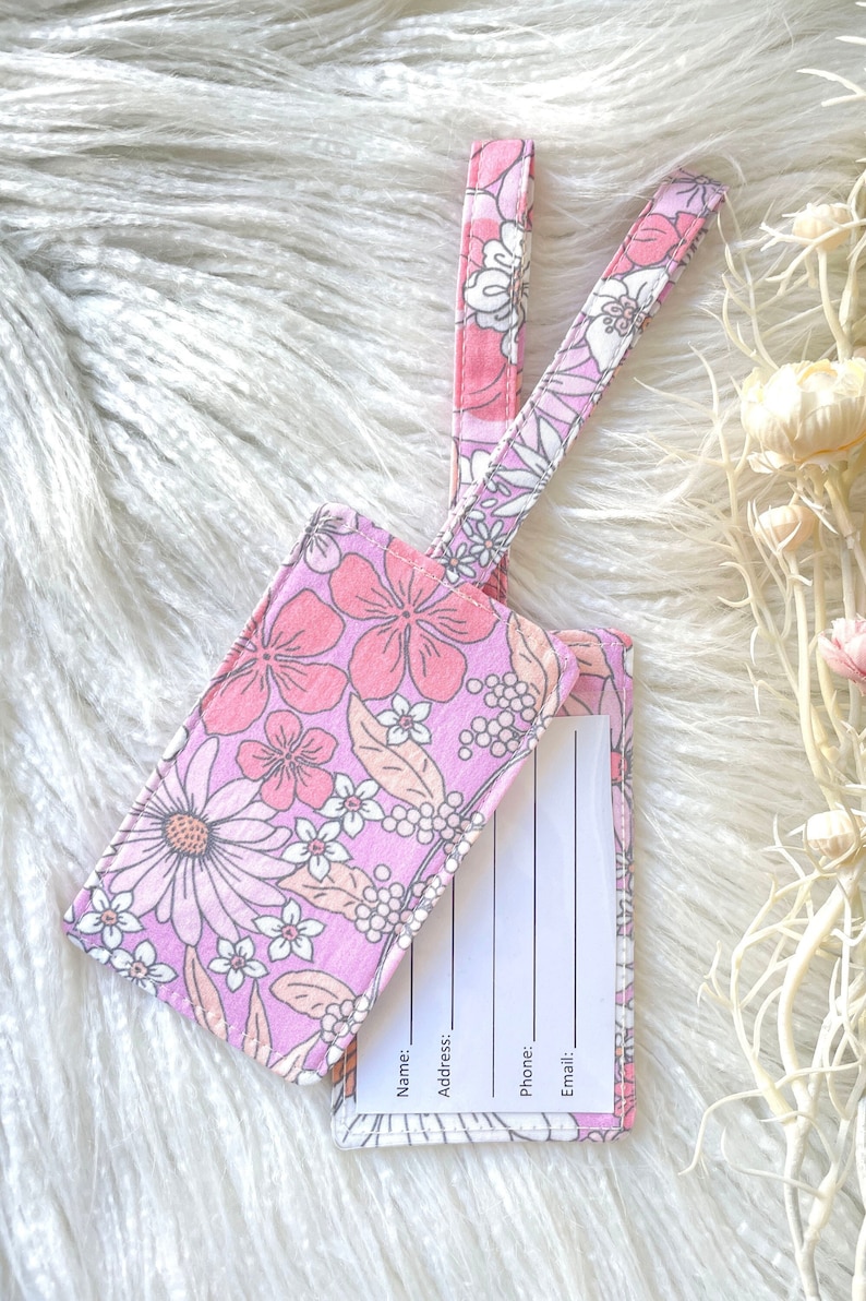 Pink Vintage Style Flower Luggage Tag, Girls School Bag Tag Travel Accessories, Gift for Traveller, Fun Gift image 1