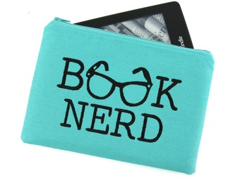 BOOK NERD Embroidered Kindle Padded E-Reader Case, Kindle Paperwhite Sleeve, Amazon Oasis Pouch, book sleeve, New 11 Generation Kindle Case