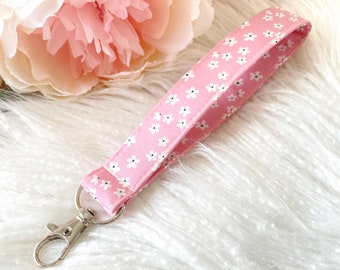 Pink Daisy Flower Key Fob Keyring Wristlet Swivel Clip Lanyard