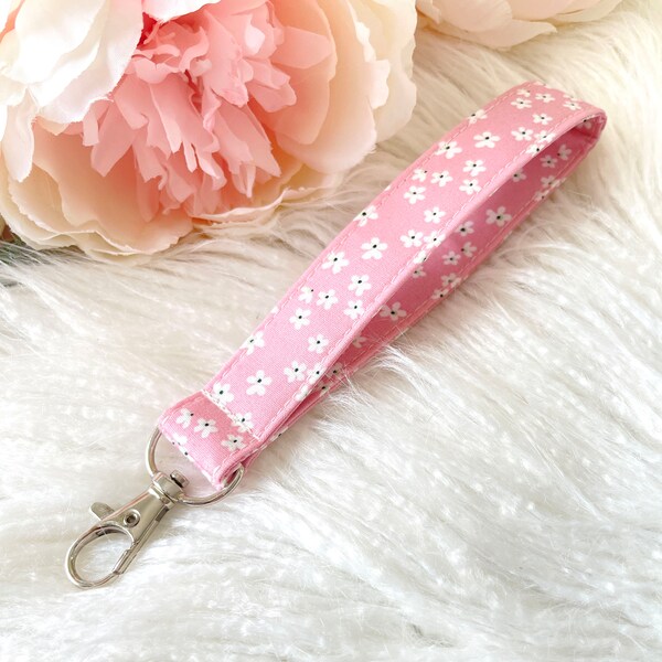 Pink Daisy Flower Key Fob Keyring Wristlet Swivel Clip Lanyard