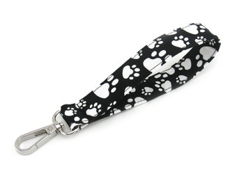 Black and White Dog Paw Print Key Fob Keyring Wristlet Swivel Clip Lanyard