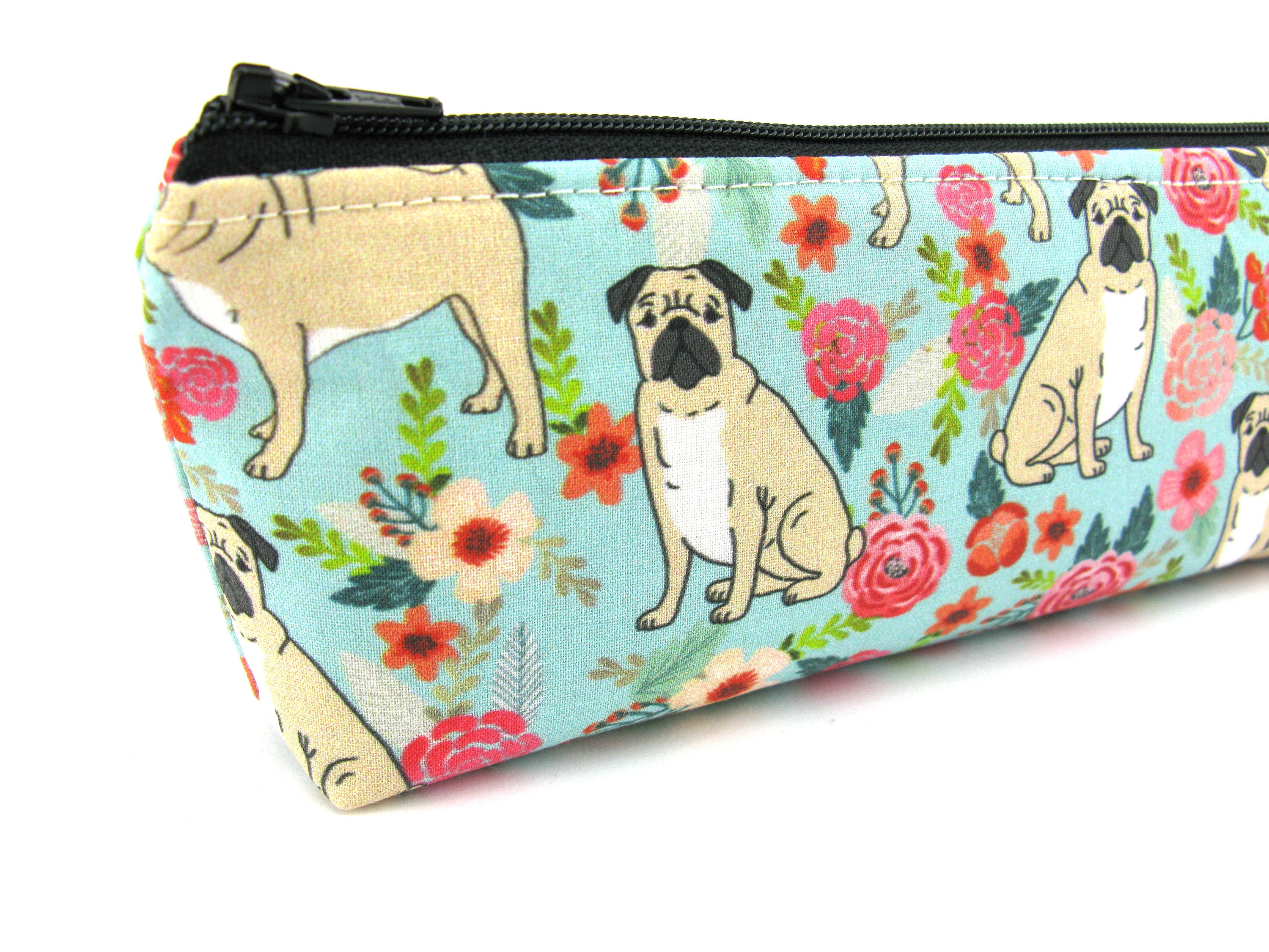 Pug Dog on Mint Floral Pencil Case Pencil Pouch Zip Pouch Etsy