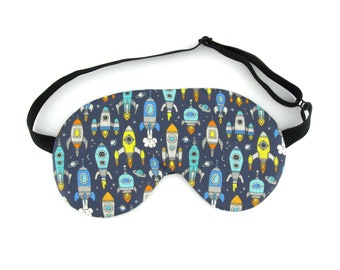 ADJUSTABLE Kids Navy Blue Space Rocket Sleep Eye Mask, Travel Gift Idea Sleeping Mask, Children's slumber Party Gift, Boys Mask