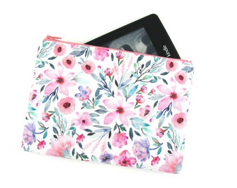 Dainty Watercolor Floral Kindle Padded E-Reader Case, Kindle Sleeve, Amazon Oasis Zip Pouch, Nook Ebook Cover, Paperwhite Kindle Protector