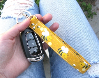 Honey Comb Bees Key Fob Keyring Wristlet Swivel Clip Lanyard