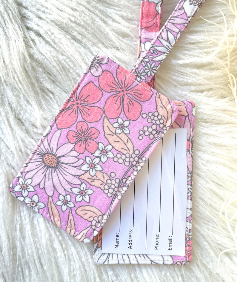 Pink Vintage Style Flower Luggage Tag, Girls School Bag Tag Travel Accessories, Gift for Traveller, Fun Gift image 2