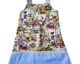Farmhouse Print Cotton with Blue and Orange Gingham Trim - Size 4