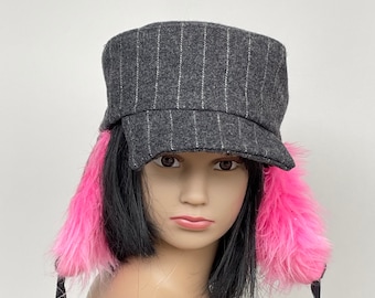 SamiBop Pink Fun Faux Fur Woollen Pinstripe Hat