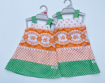 SamiBop Cotton Orange Print and Green Dot Hem Dress - Size 1 and 2