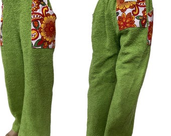 SamiBop Lime Green Cotton Chenille Pant with Vintage Floral Pockets - Size 4