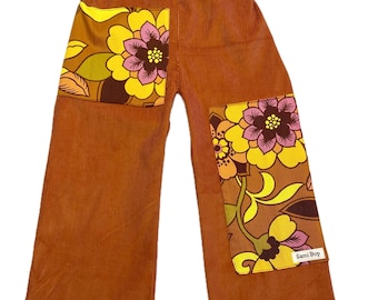 SamiBop Rust Corduroy Pant with Vintage Floral Patch Detail - Size 3