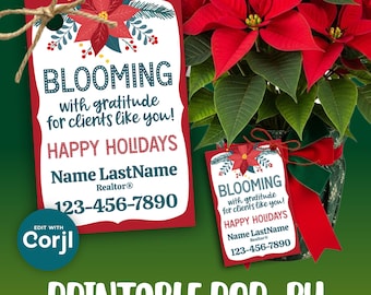 May include: A poinsettia plant with vibrant red bracts and green leaves. Two gift tags with the text "BLOOMING with gratitude for clients like you! HAPPY HOLIDAYS" are attached to the plant. The tags include contact information.