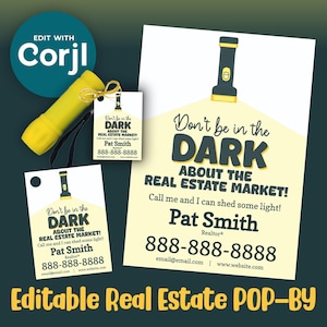 Może przedstawiać: Zestaw promocyjny dla nieruchomości, zawierający żółtą latarkę, etykietę i ulotkę. Tekst brzmi "Don't be in the DARK about the REAL ESTATE MARKET!" z danymi kontaktowymi Pat Smith, agenta nieruchomości.