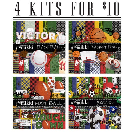 Digital Scrapbook Kits Sports Bundle baseball Basketball Football Soccer 