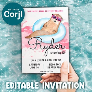 Invitación a fiesta en la piscina de nutrias, editable, imprimible, divertida, linda, de verano, para niños, flotador de acuarela, gafas de sol rosas, personalizable, descarga instantánea