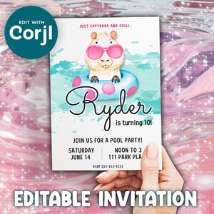 Capybara Pool Party Invitation Editable Printable Funny Summer Invite Kids Watercolor Float Pink Sunglasses Customizable Instant Download