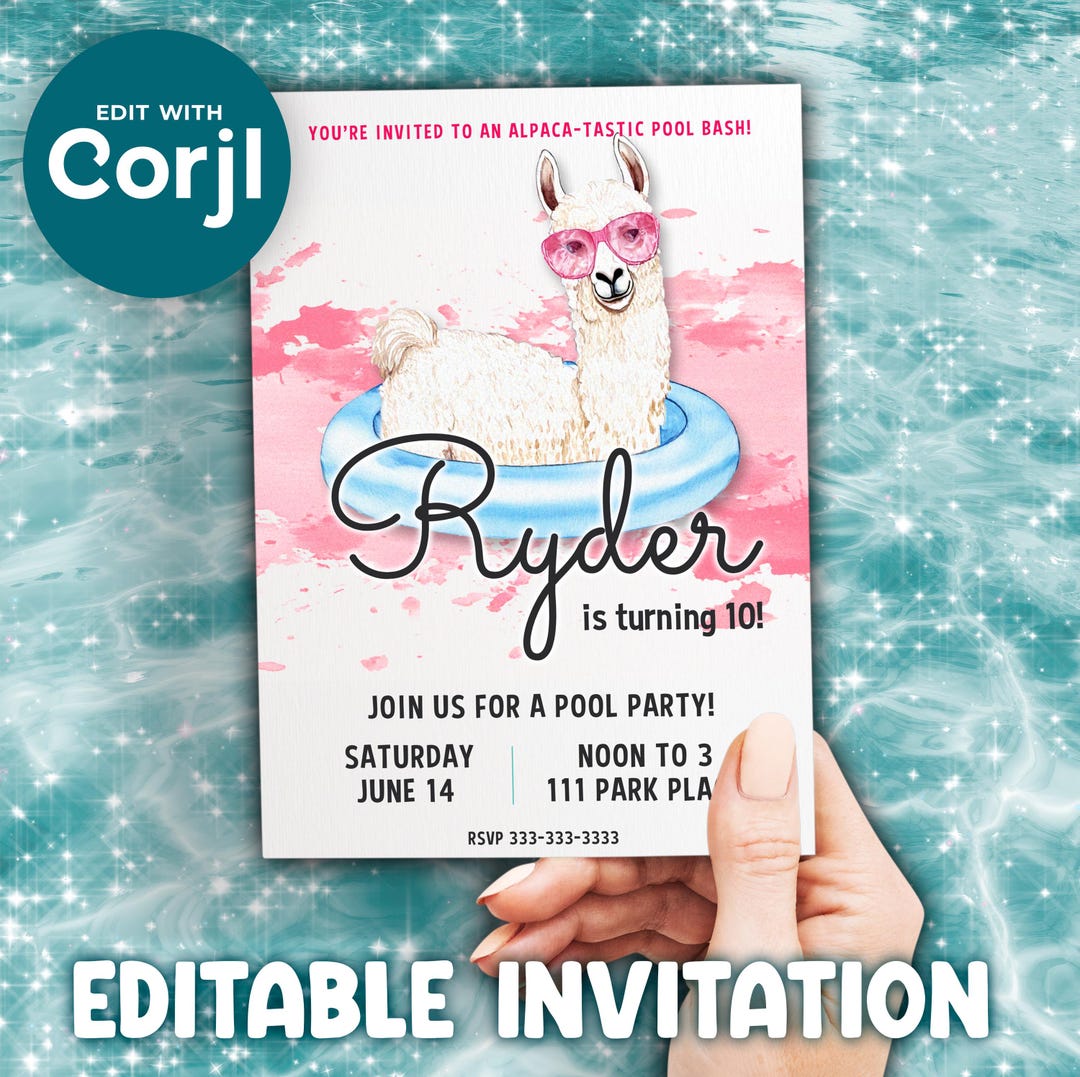 Llama Alpaca Pool Party Invitation Editable Printable Funny Summer Kids ...