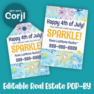 Editable Printable POP BY for Realtors, 4th of July, Sparkler Pop-Bys Customizable Referral Gift Realtor Real Estate Instant Download Tag