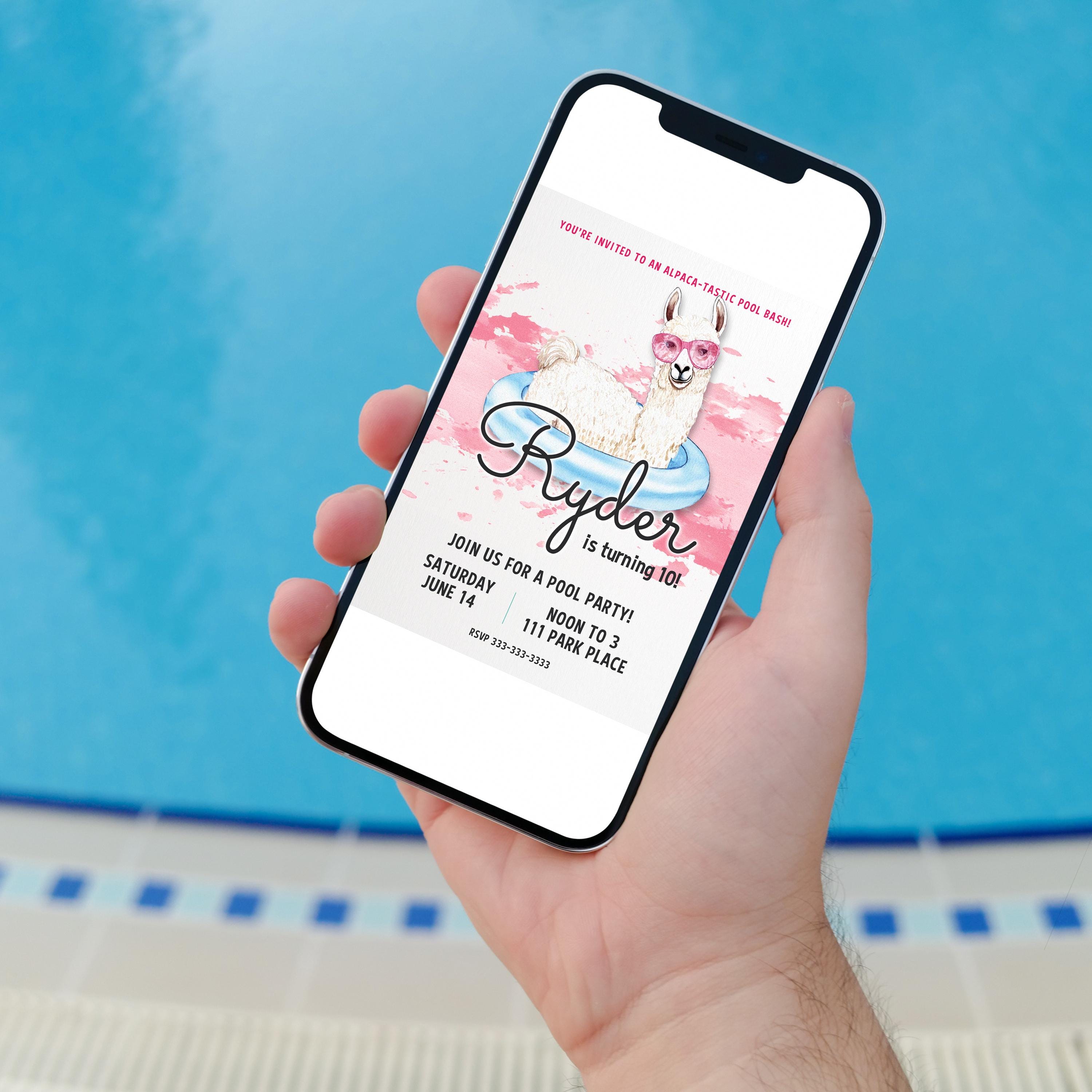 Llama Alpaca Pool Party Invitation Editable Printable Funny Summer Kids ...