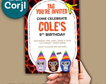 May include: An invitation card with the text "Tag You're Invited" and "Come Celebrate Cole's 9th Birthday". The card has a red and black lava-like background and features three cartoon monkey faces. The words "Editable Invitation" are at the bottom.
