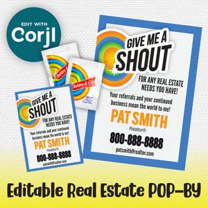 Puede incluir: Un pop-by promocional de bienes raíces con un diseño azul y blanco con el texto "GIVE ME A SHOUT" e información de contacto de Pat Smith, Realtor. Incluye paquetes Wipe & Go y el texto "Editable Real Estate POP-BY".