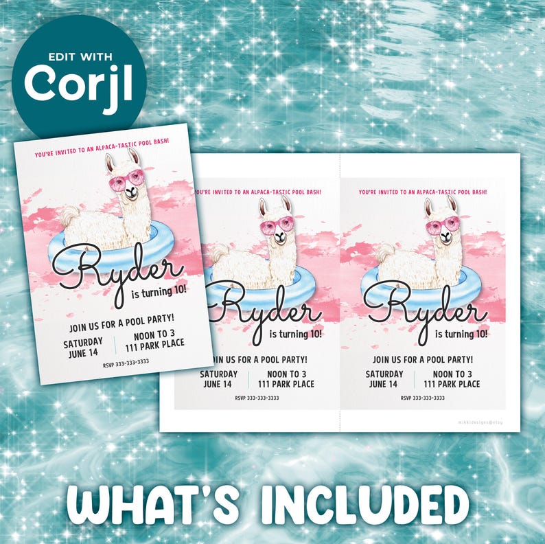 Llama Alpaca Pool Party Invitation Editable Printable Funny Summer Kids ...