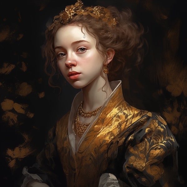 Gold Foil Fantasy Illustration | Digital Art | Portrait Woman | 1x1 High Resolution