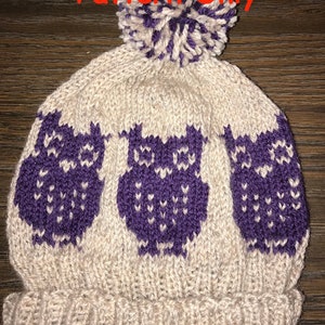 May include: Knitted hat with a pom pom on top. The hat is beige with a purple owl design. The text "Pattern Only" is visible in the image.