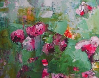 abstract floral wall art, 'Fugitives', deep pink and green art print, from oil painting