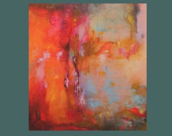 Orange abstract print, with pink, blue and gold, from painting, small, bright and colourful wall art