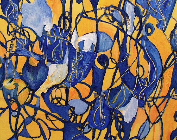Abstract Painting, Original Oil, Loops, Swirls, Squiggles, Sunny Golden ...