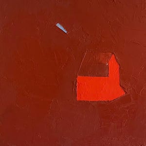 Klein rood op rood origineel minimalistisch abstract olieverfschilderij, 152 mm vierkant, 6 x 6 inch, ingelijst