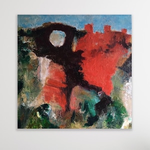 Original Abstract Expressionist Landscape Painting, Bright Red, Green, Black, Brown, light blue, gold; 20 inches square