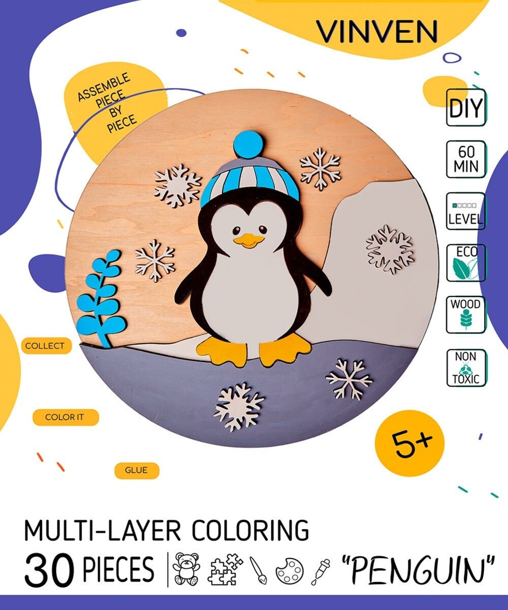 Wooden Layered Coloring Penguin Kids Puzzle Learning Hand-painted Toy ...
