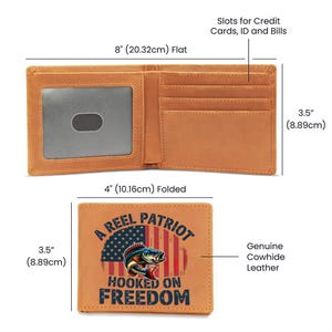 Cartera "A Reel Patriot Hooked on Freedom" / Cartera de cuero con la bandera estadounidense para hombre / Regalo para pesca de lubina / Idea de regalo patriótico para pescadores