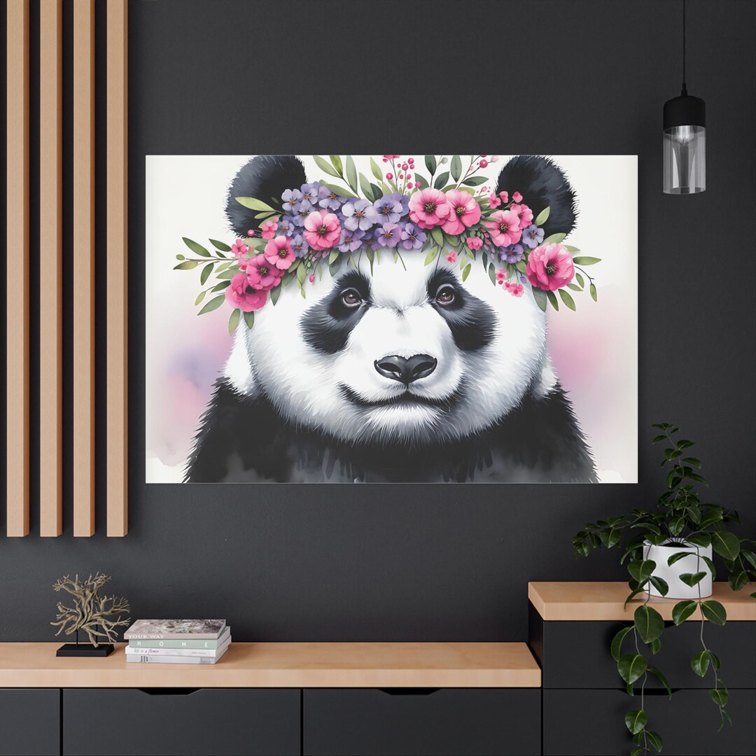 Floral Panda Canvas Wall Art, Cute Panda Home Decor, Animal Lover Gift ...