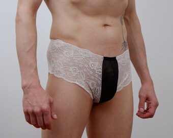 Transparente Boxer mit Spitze für Männer / Femboy Dessous / Durchsichtige Sissy Panty