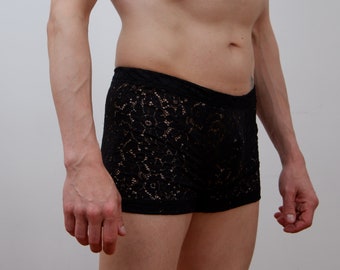 Transparente schwarze Spitzen-Boxershorts für Herren / durchsichtige Sissy-Höschen / Femboy-Unterwäsche