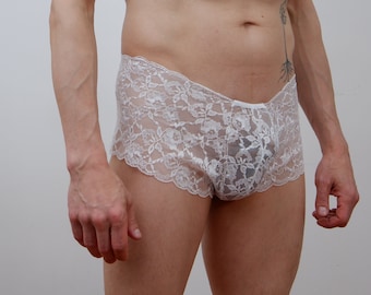 Boxer transparent en dentelle pour hommes / Culotte transparente pour poule mouillée / Sous-vêtement femboy