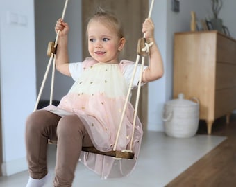 Wooden Walnut Swing for Kids Adjustable Height Indoor