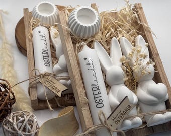 Ostergeschenk Set mit Hasen Kerzen | Osterdeko Naturstil | Geschenkbox Ostern | Kerzen Geschenk | Frühlingsdeko Handgemacht
