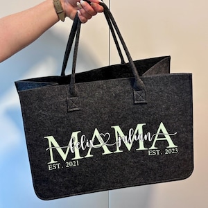 Filztasche Personalisiert | Tragetasche | Shopper | Filzkorb 50cm x 25cm x 25cm | Dunkelgrau | Hellgrau | Mama | EST | Kinder | Tasche |