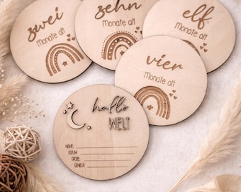 Holz Meilensteinkarten Baby | Monatskarten Baby aus Holz | Regenbogen Design | Baby Fotorequisite | Geschenk zur Geburt | Hallo Welt Schild