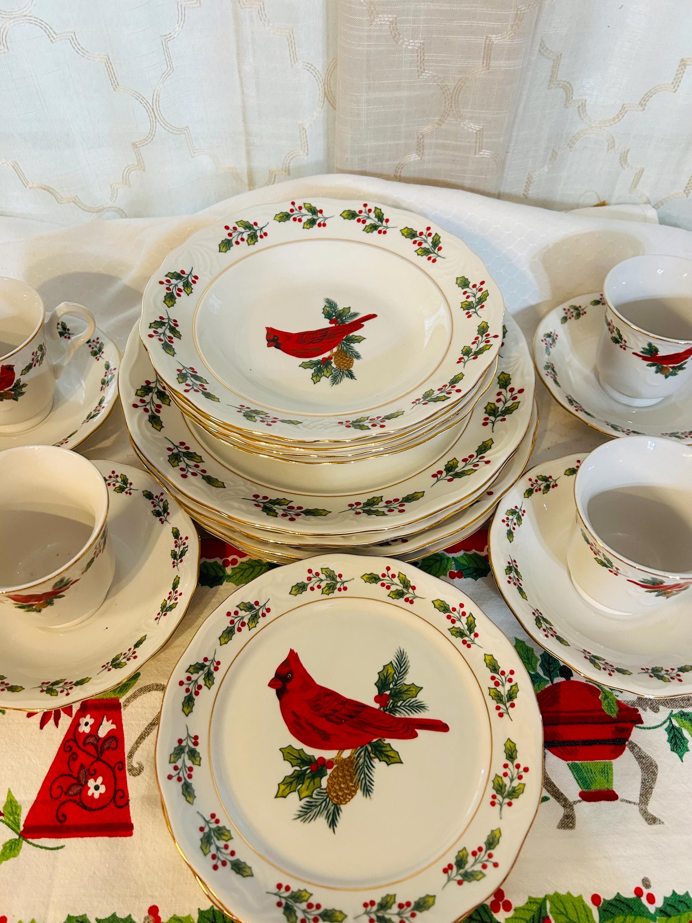 Vintage Gibson Christmas Holly Winter Song Red Birds Dinnerware