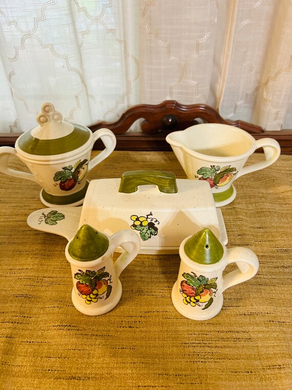 Vintage Poppy Trail Cream, Sugar, Butter Dish, Salt and Peppers