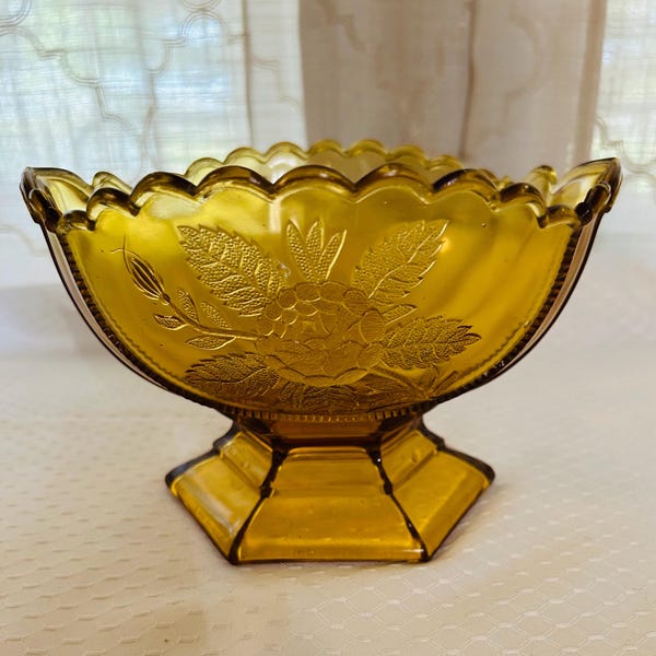 Vintage Campbell Jones Rose Sprig Amber Glass Footed Bowl