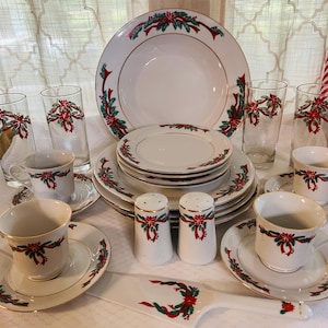 Vintage Tienshan Poinsettia and Ribbon Dinnerware Set Christmas