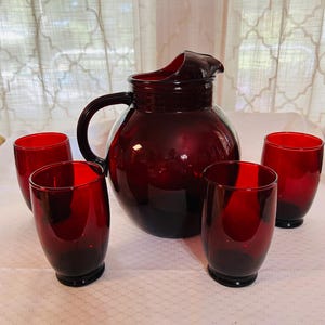 Vintage Anchor Hocking Royal Ruby Glass Pitcher Set