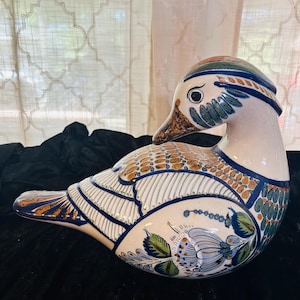 Vintage Tonala Mexican Pottery Duck Sculpture, Signed