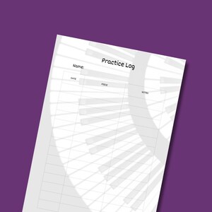 May include: A printable practice log with a piano keyboard design. The log has columns for date, piece, and notes.